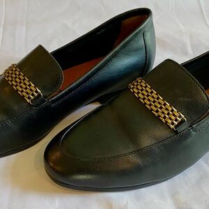 Pair Charlotte Size 5 Classic Black Leather Loafers with Gold Chain Detail